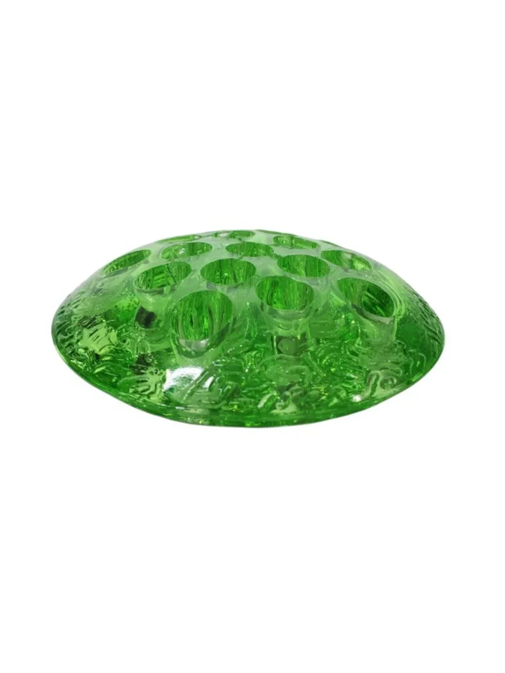 Antique Green Uranium Depression Vaseline Glass Flower Frog 16-Hole Glows c. 190